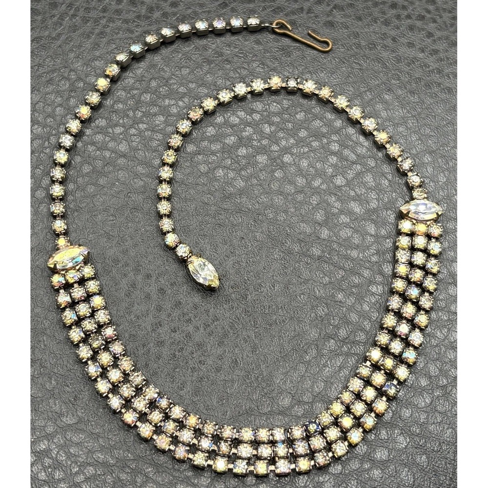 Signed Weiss Vintage AB Crystal Rhinestone Triple Row Choker Necklace 15.5"